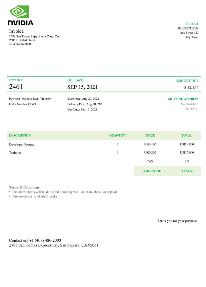 USA Nvidia invoice PSD template